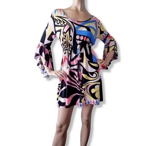 Black,  Pink,  Yellow & Blue Retro Mod Inspired Bell Sleeve Tie Waist Dress